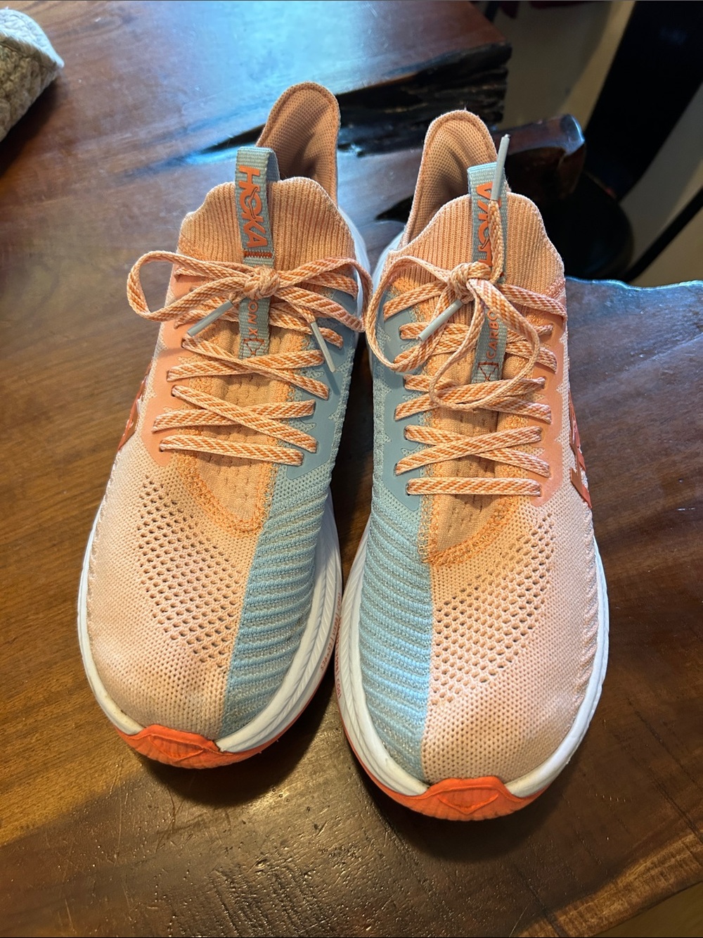 Hoka Peach and Light Blue Knit Running Sneakers